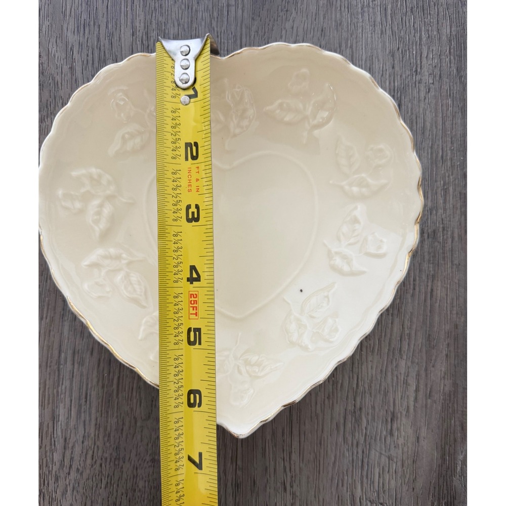 Cream Heart-Shaped Trinket Dish Embossed Roses Gold Trim Romantic Cottage Decor - Picture 8 of 10
